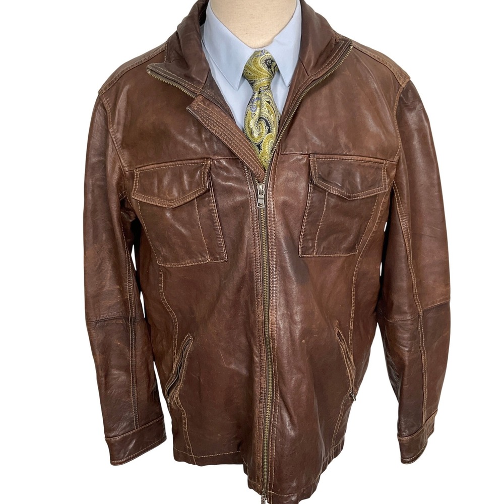 Tommy Bahama Jacket Mens Brown Medium Leather Field Coat Zip Lining Moto Retro
